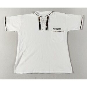 Honduras Shirt Mens Small White Embroidered Pocket Henley Travel Tee Souvenir